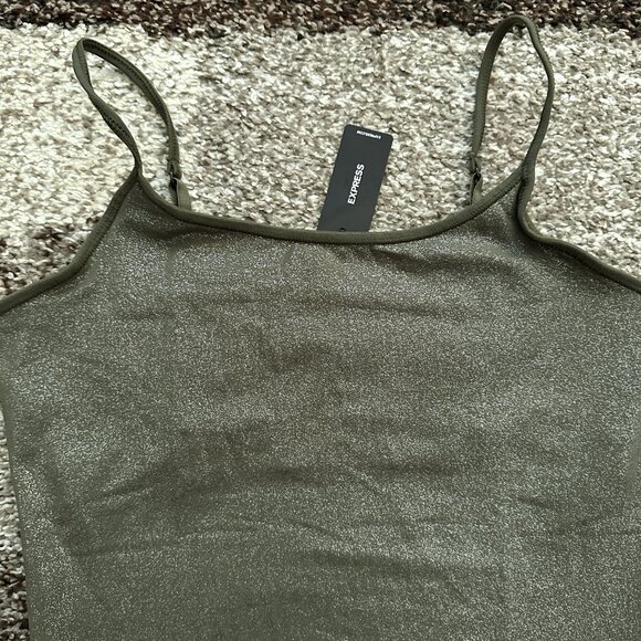 EXPRESS (M) Olive Green Shine Best Loved Bra Cami Fitted Tank Glitter Silver - Picture 7 of 12